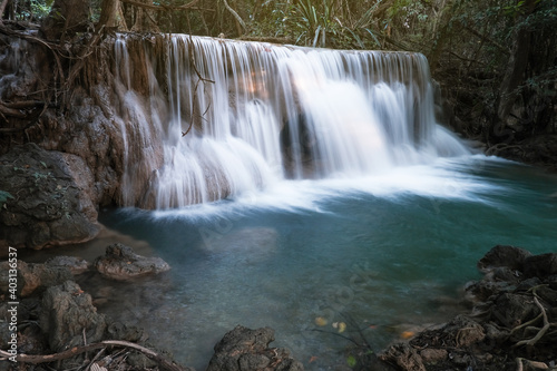 Beautiful nature view Huay Mae Khamin Waterfall at Kanchanaburi district in Thailand  Vacation plan and holiday travel among nature in Thailand 