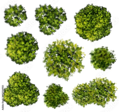 Collection of abstract watercolor green tree top view isolated on white background  for landscape plan and architecture layout drawing, elements for environment and garden, green grass illustration 