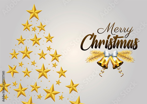 happy merry christmas golden lettering with pine tree of stars