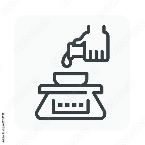 Pharmaceutical production industry or lab test vector icon. Process of weighing substrate consist of balance scale or measurement weigh equipment, liquid or chemical drop, test tube, scientist hand.