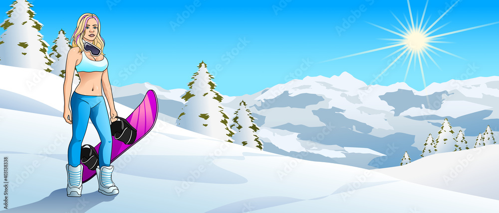 Fototapeta premium Beautiful young Woman with Snowboard in Mountain Environment Version 2