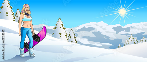 Beautiful young Woman with Snowboard in Mountain Environment Version 2