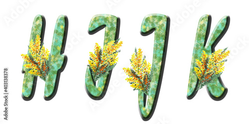 Capital letters of the Latin alphabet H,I,J,K. Spring holiday texture with greenery and watercolor mimosa. Isolated elements on a white background. Forte.