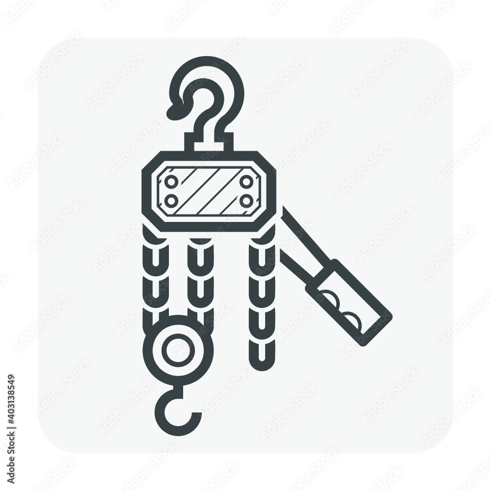 Manual chain hoist or steel chain block hoist vector icon. Lifting equipment include pulley, hook, lever, trolley, mechanical for factory, construction site, garage, workshop, warehouse and dock. Manual chain hoist or steel chain block hoist vector icon. Lifting equipment include pulley, hook, lever, trolley, mechanical for factory, construction site, garage, workshop, warehouse and dock.