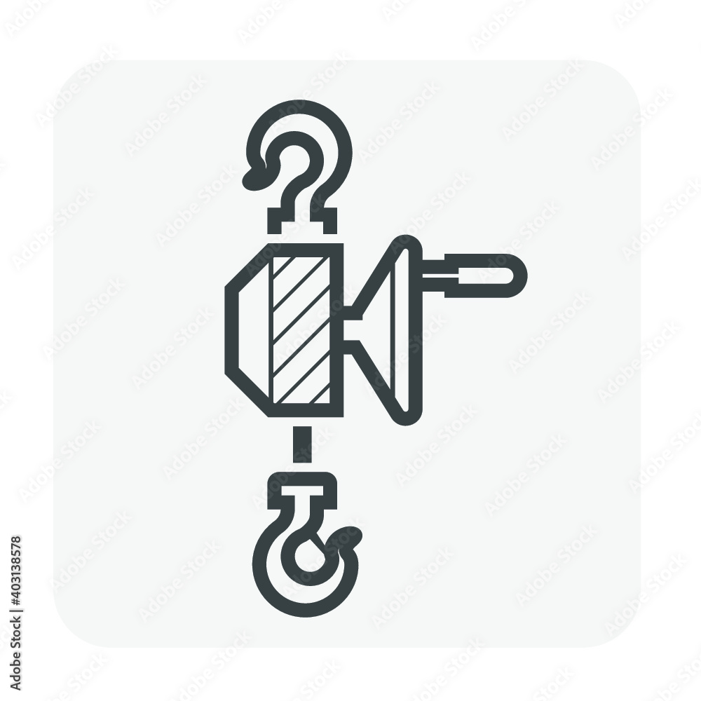Manual chain hoist or steel chain block hoist vector icon. Lifting equipment include pulley, hook, lever, trolley, mechanical for factory, construction site, garage, workshop, warehouse and dock. Manual chain hoist or steel chain block hoist vector icon. Lifting equipment include pulley, hook, lever, trolley, mechanical for factory, construction site, garage, workshop, warehouse and dock.