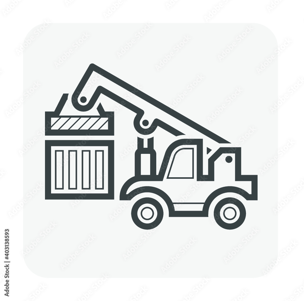 Reach stacker, cargo container vector icon. Lifting equipment for handling, move, transport, transfer, operation, delivery and loading cargo container to train or truck at yard, port, dock, terminal. Reach stacker, cargo container vector icon. Lifting equipment for handling, move, transport, transfer, operation, delivery and loading cargo container to train or truck at yard, port, dock, terminal.