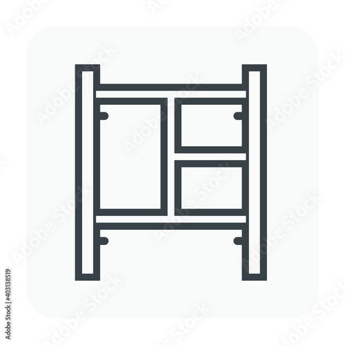 Main frame scaffolding or H-frame vector icon. Item is a construction equipment and component of ringlock scaffolding system. Use as temporary working platform or structure for building construction.
