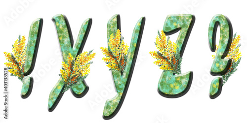 Capital letters of the Latin alphabet X, Y, Z, exclamation mark and question mark. Spring festive texture with greenery and watercolor mimosa. Isolated elements on a white background. Forte.