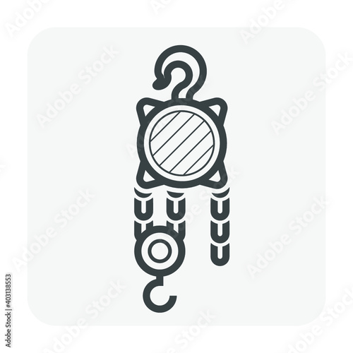 Manual chain hoist or steel chain block hoist vector icon. Lifting equipment include pulley, hook, lever, trolley, mechanical for factory, construction site, garage, workshop, warehouse and dock.