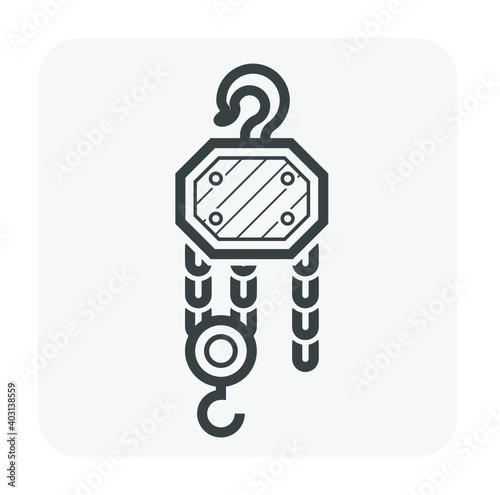 Manual chain hoist or steel chain block hoist vector icon. Lifting equipment include pulley, hook, lever, trolley, mechanical for factory, construction site, garage, workshop, warehouse and dock.