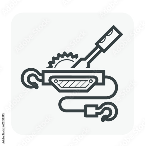 Hand winch or manual winch vector icon. Also called come along, towing or ratchet winch. Include crank or lever, steel wire rope or cable, hook. For lift, pull, drag, tow load i.e. ATV, boat and car.