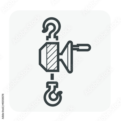 Manual chain hoist or steel chain block hoist vector icon. Lifting equipment include pulley, hook, lever, trolley, mechanical for factory, construction site, garage, workshop, warehouse and dock.
