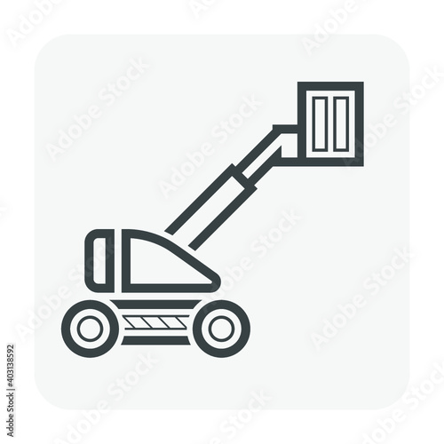 Straight or telescopic boom lift vector icon. Aerial work platform or elevator. Consist of boom, bucket operated by hydraulic. For transportation, maintenance, construction, service at height level.