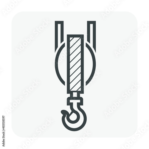 Hook and hoist vector icon. Industrial machinery or equipment include steel wire rope or cable and pulley. Part of crane, winch for lifting, moving load in factory, warehouse and construction site.