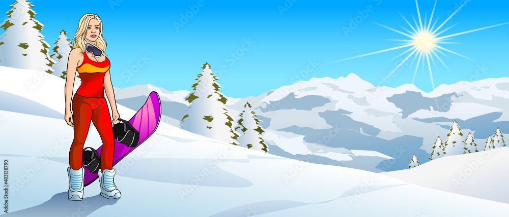 Beautiful young Woman with Snowboard in Mountain Environment Version 6