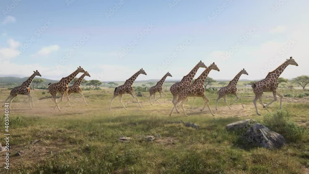 A group of giraffes running on Africa savanna. Wild animals migration.