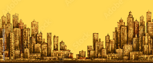 Modern City skyline, highly detailed hand drawn illustration