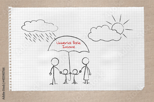 Canvas Print Drawing on note pad of family under the protective umbrella of universal basic i