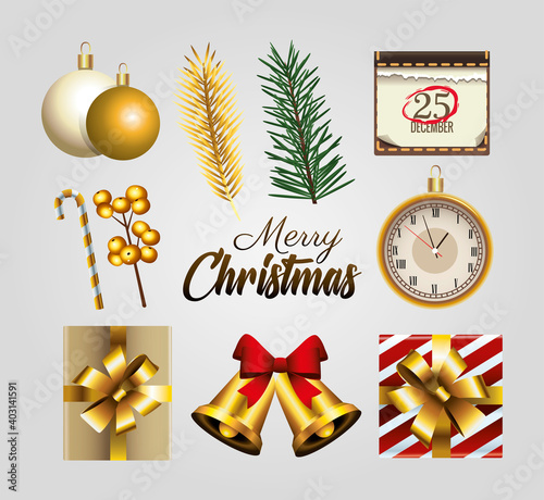 happy merry christmas golden lettering with set icons