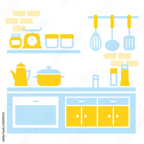 ブルーとイエローのキッチン-Blue and yellow kitchen vector illustration