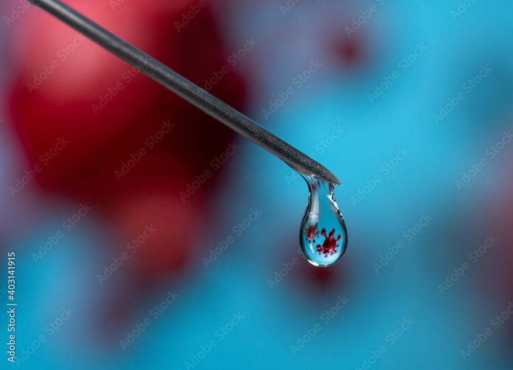 Vaccine dripping from sterile needle syringe with reflection of red corona virus model,Coronavirus Covid-19 outbreak Vaccine dripping from sterile needle syringe with reflection of red corona virus model,Coronavirus Covid-19 outbreak