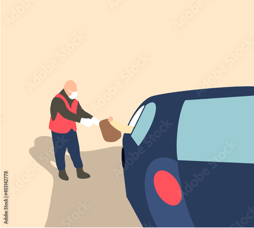 Staff with face mask giving bakery bag through car window to customer at drive thru service station. Drive thru is popular service after coronavirus covid-19 pandemic.