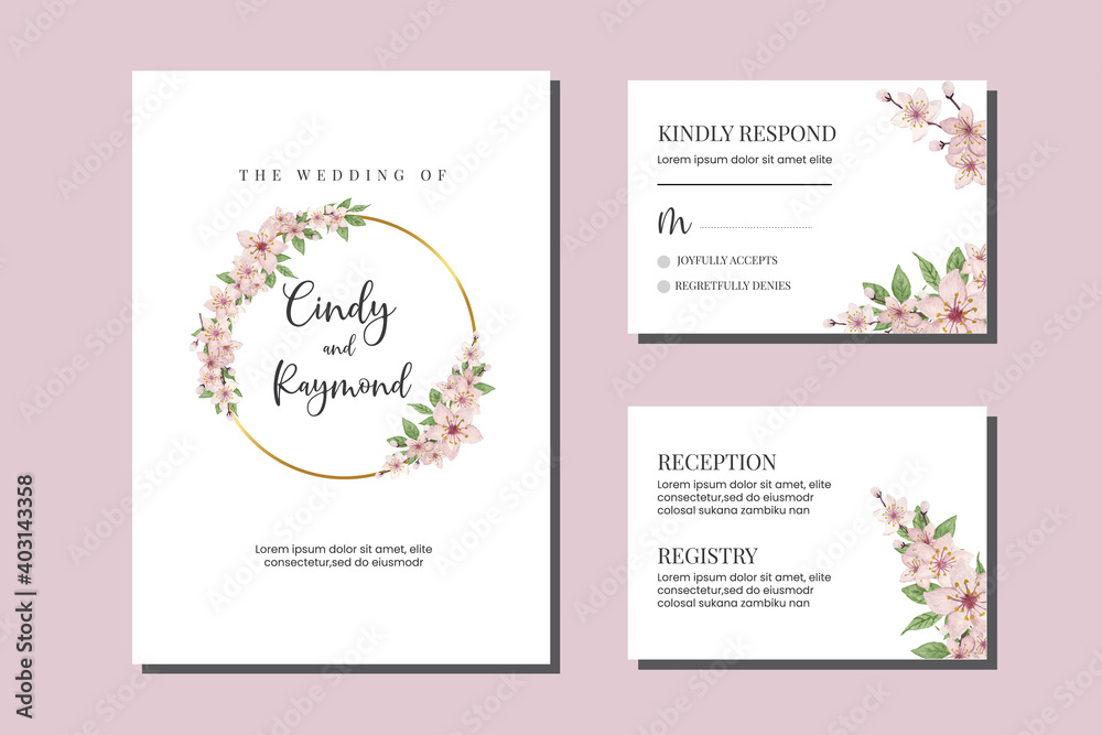 Cherry blossoms Watercolor Wedding Invitation Elegant Floral Design, Sakura Flower