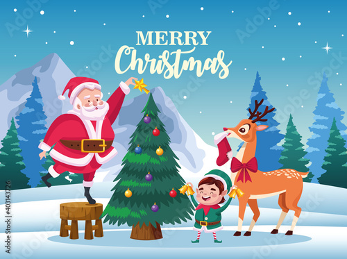 cute santa claus with elf and deer decorating christmas tree scene