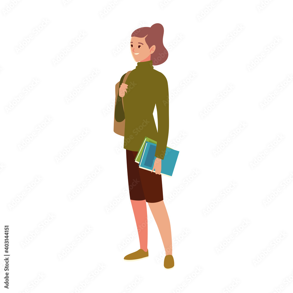 student university woman with books and bag character cartoon