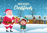 cute santa claus and helper with gift in snowscape scene
