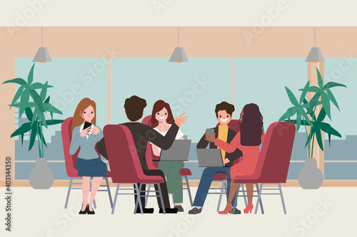 Teamwork business people on discussing meeting. Flat cartoon character design.