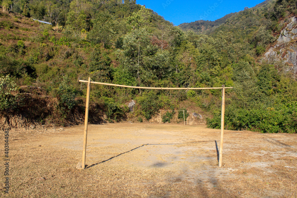 Bamboo Football goalpost situated in front of jungle at Nepal Bamboo Football goalpost situated in front of jungle at Nepal