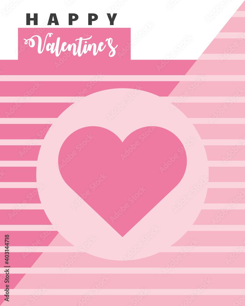 happy valentines day card with pink heart over striped background