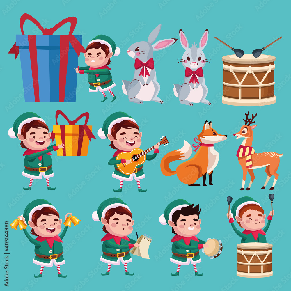Fototapeta premium group of santa helpers characters with animals and instruments