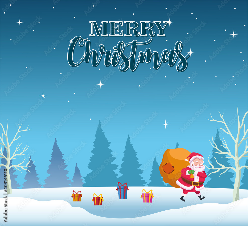 Fototapeta premium happy merry christmas lettering card with santa lifting gifts bag