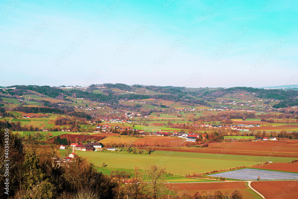 View from the Schaunberg castle ruins in the Hartkirchen district of Upper Austria View from the Schaunberg castle ruins in the Hartkirchen district of Upper Austria