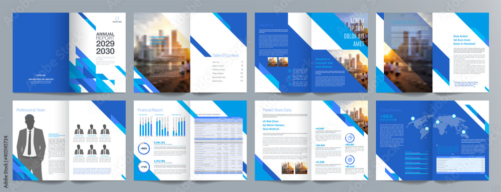 Corporate business presentation guide brochure template, Annual report, 16 page minimalist flat geometric business brochure design template, A4 size.