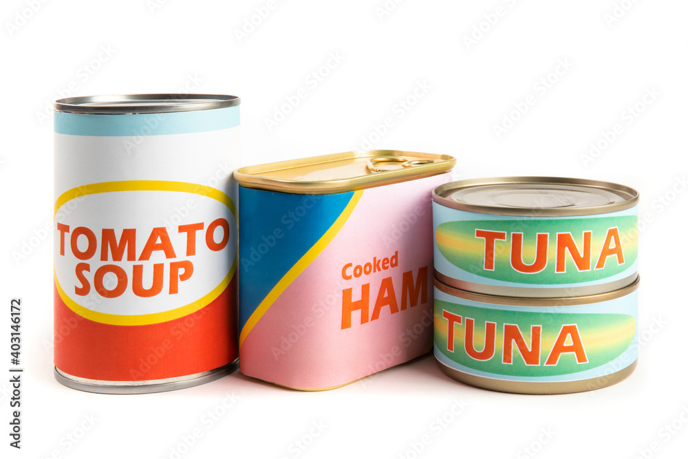 a collection of generic labeled food tins or cans, ham. tomato soup, tuna, isolated on white a collection of generic labeled food tins or cans, ham. tomato soup, tuna, isolated on white