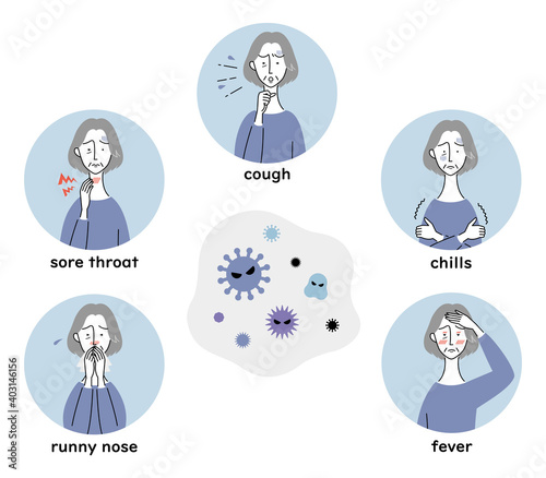 風邪の諸症状（シニア女性）　イラストセット