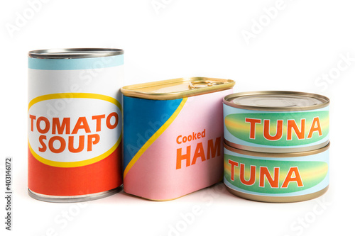 a collection of generic labeled food tins or cans, ham. tomato soup, tuna, isolated on white