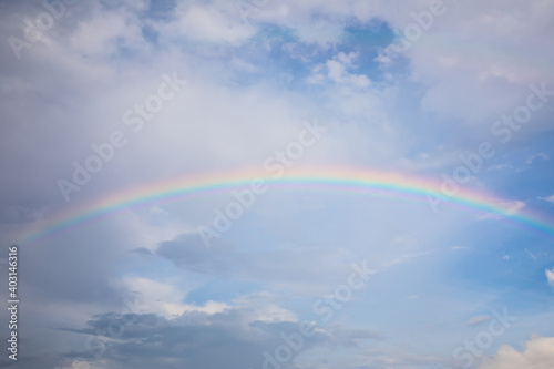 View of beautiful blue sky with clouds and rainbow.
