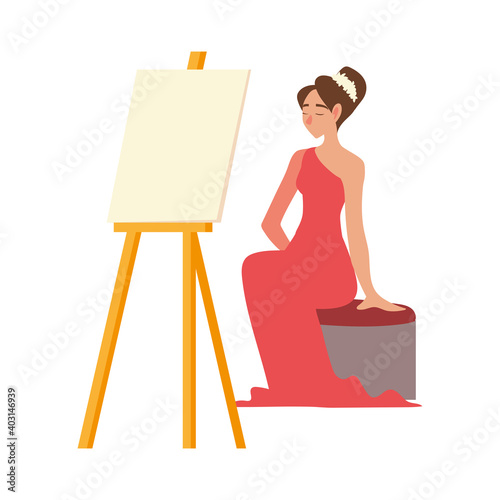 female model sitting in red dress with canvas on easel