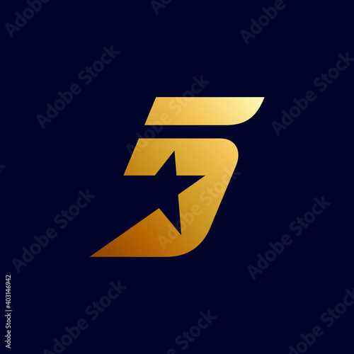 Five star logo. Number 5 and star shape with flat logo concept in gradient gold color