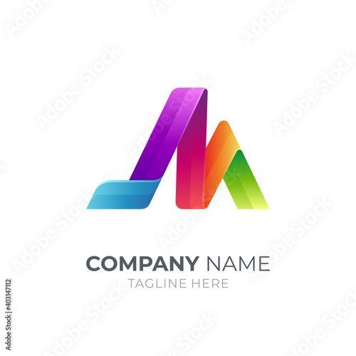 Letter M logo with ribbon 3d concept in colorful style