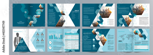Corporate business presentation guide brochure template, Annual report, 16 page minimalist flat geometric business brochure design template, A4 size.