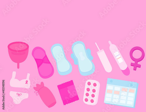 Set of feminine hygiene products.Menstrual cycle.Tampons, sanitary napkins, medicine, pads, pregnancy test and underwear.