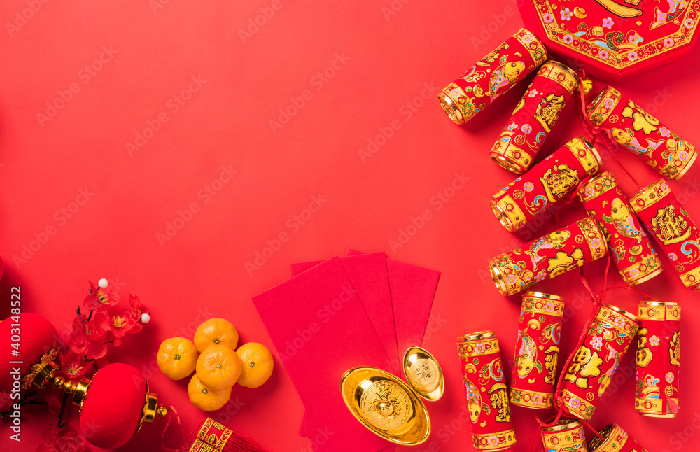Chinese new year 2021 festival, Flat lay top view lunar new year or Happy Chinese new year celebration decorations with copy space on red background (Chinese character 