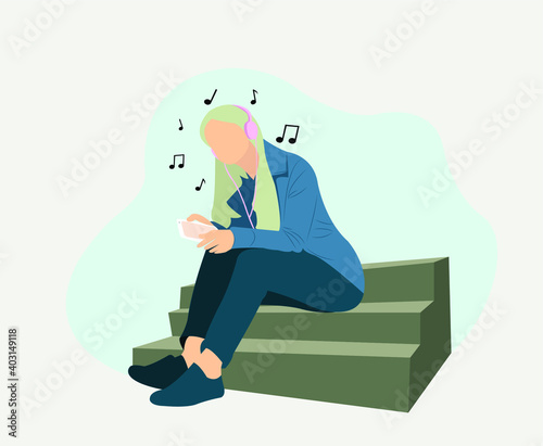 a girl sitting on the steps, listening to music