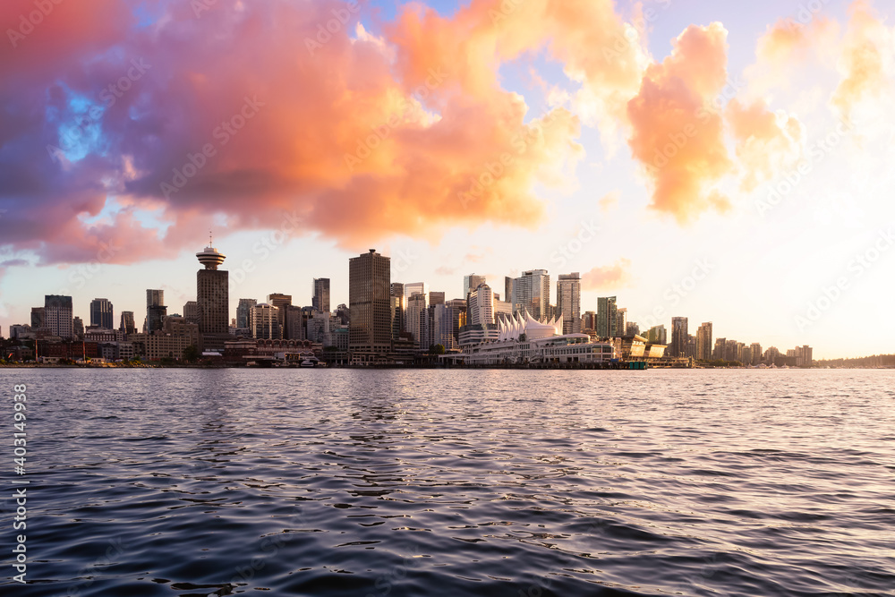 Commercial buildings and Cityscape Skyline of Downtown Vancouver Viewed from water. Modern Architecture in Urban City on West Coast of British Columbia, Canada. Sunset Sky Art Render