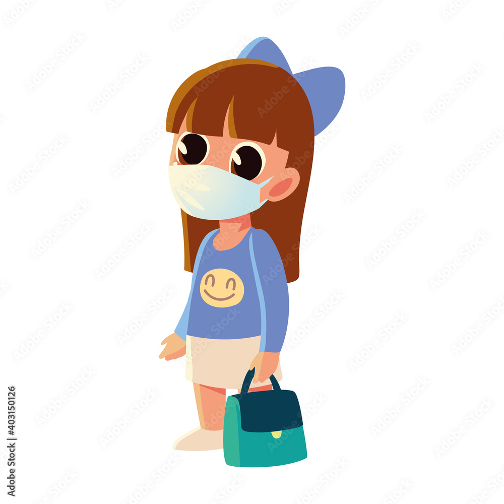 Back to school of girl kid with medical mask and purse vector design